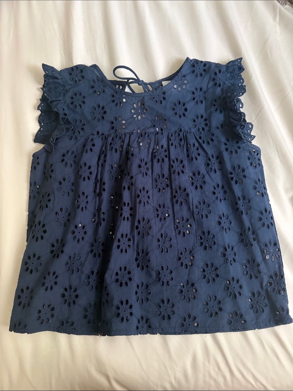Women's Navy Eyelet Flutter Sleeve Blouse